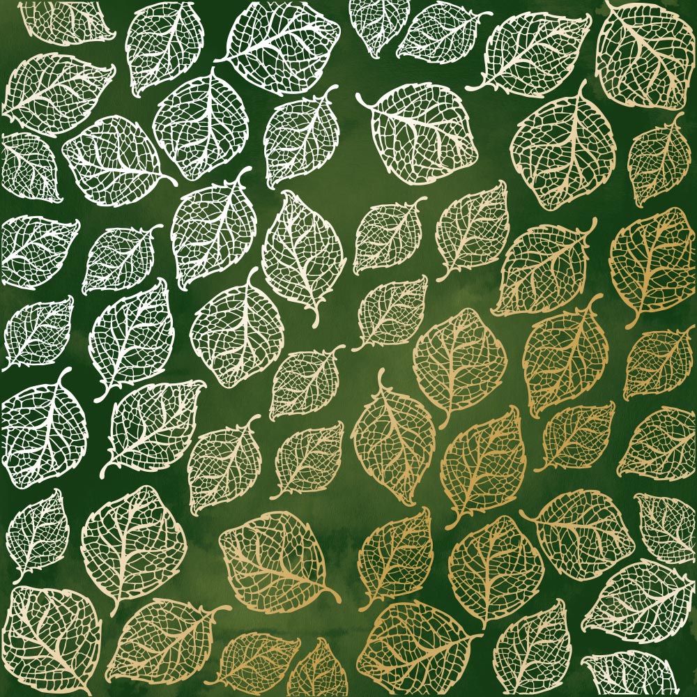 Аркуш одностороннього паперу з фольгуванням, дизайн Golden Delicate Leaves, color Green aquarelle, 30,5см х 30,5см, Фабрика Декору