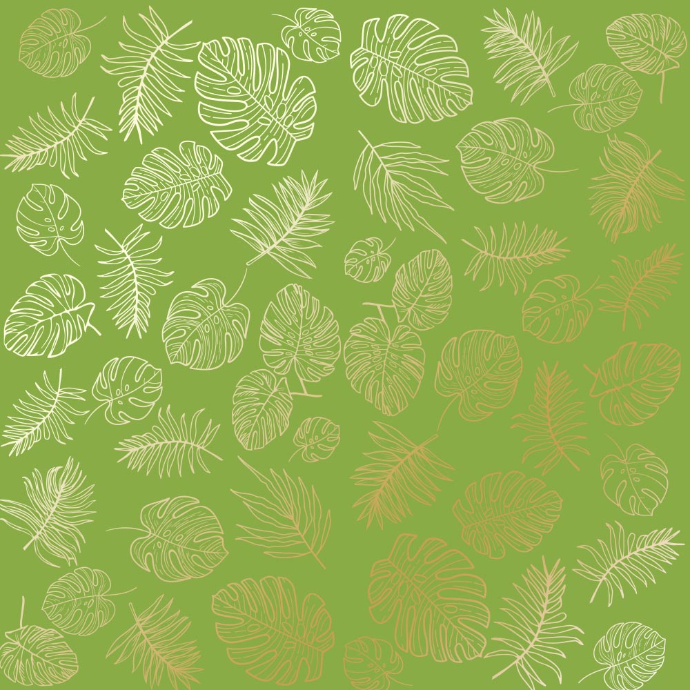 Лист односторонней бумаги с фольгированием Golden Tropical Leaves, color Bright green 30,5х30,5 см, Фабрика Декора