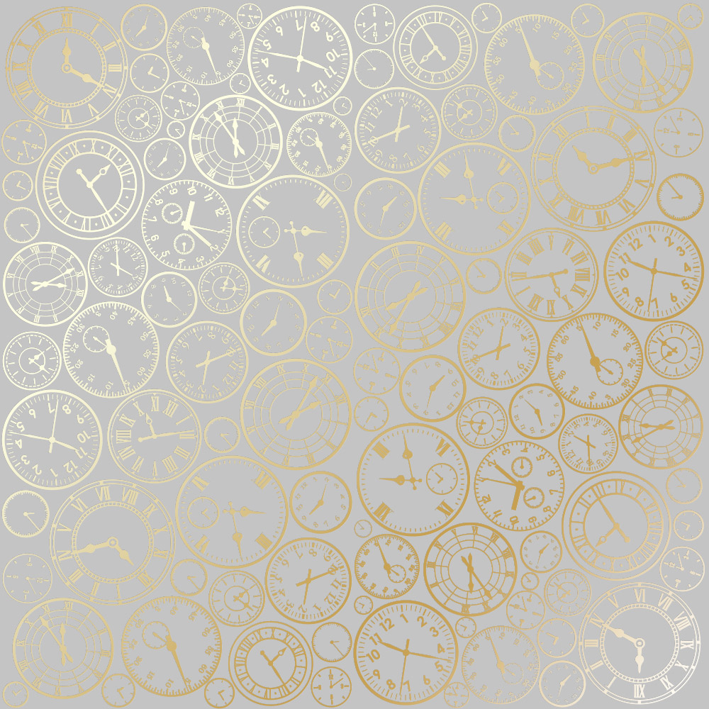 Аркуш однобічного паперу з фольгуванням Golden Clocks Grey 30,5х30,5 см, Фабрика Декору
