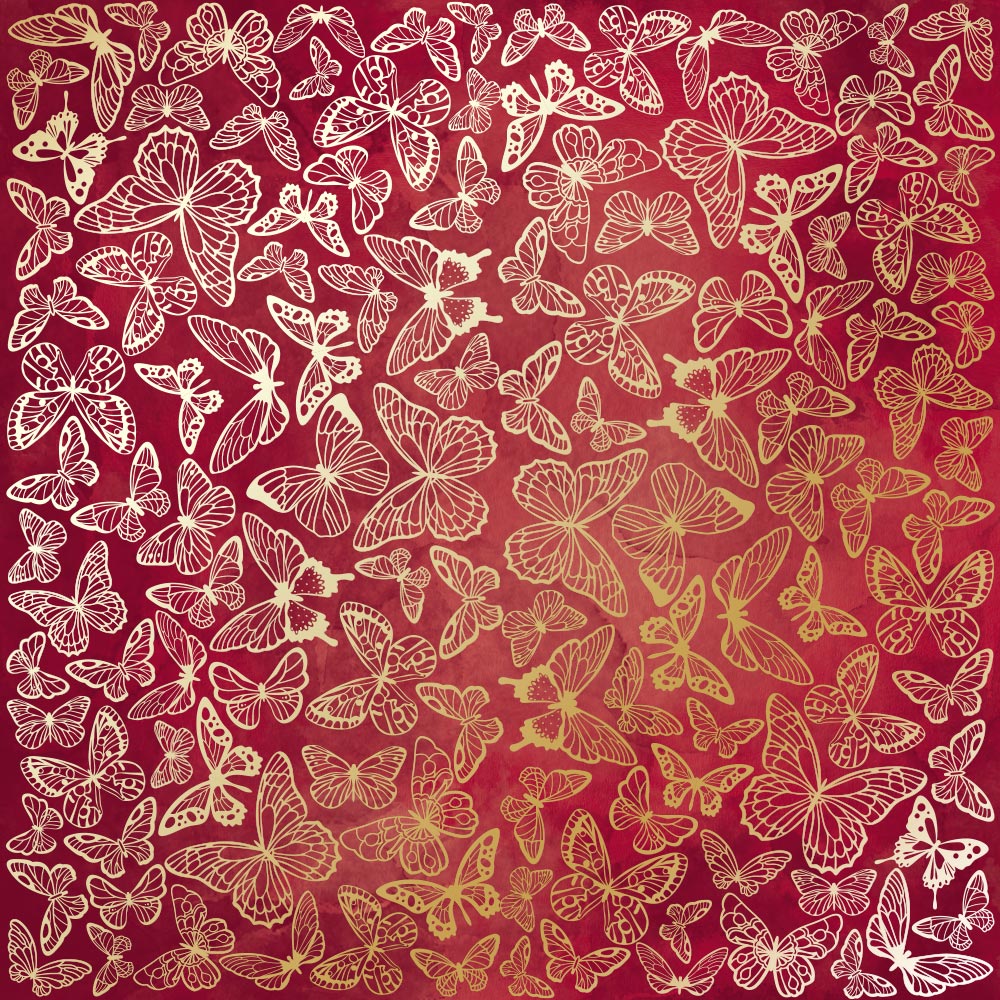 Лист одностороннього паперу з фольгуванням Golden Butterflies, color Burgundy aquarelle 30,5х30,5 см, Фабрика Декору