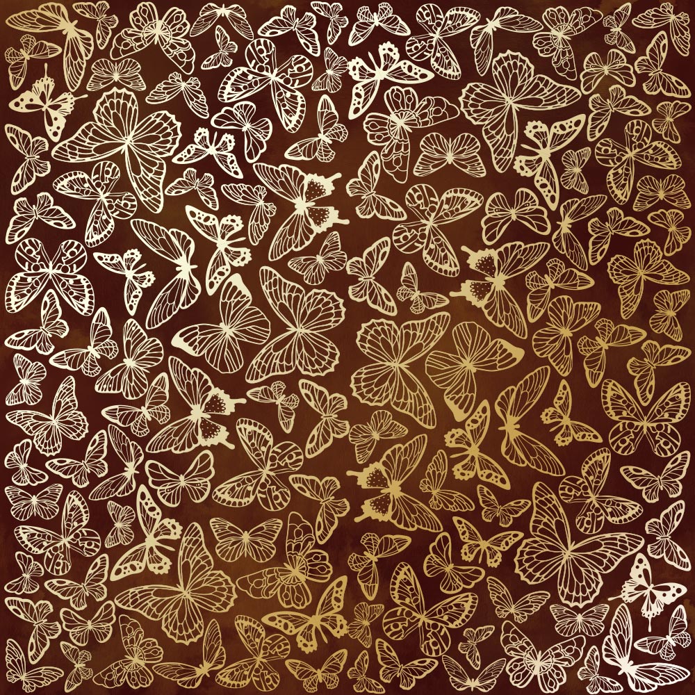 Лист односторонней бумаги с фольгированием Golden Butterflies, color Brown aquarelle 30,5х30,5 см, Фабрика Декора
