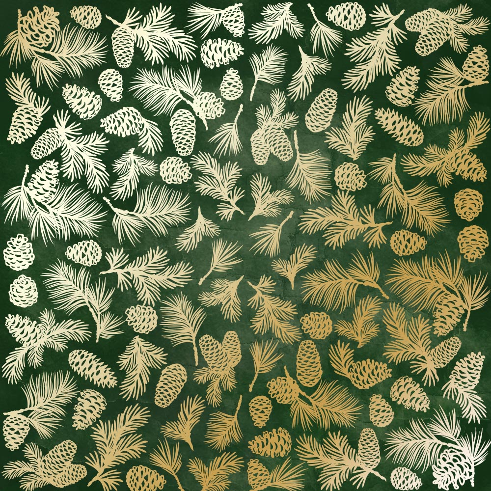 Лист односторонней бумаги с фольгированием Golden Pine cones Dark green aquarelle 30,5х30,5 см, Фабрика Декора