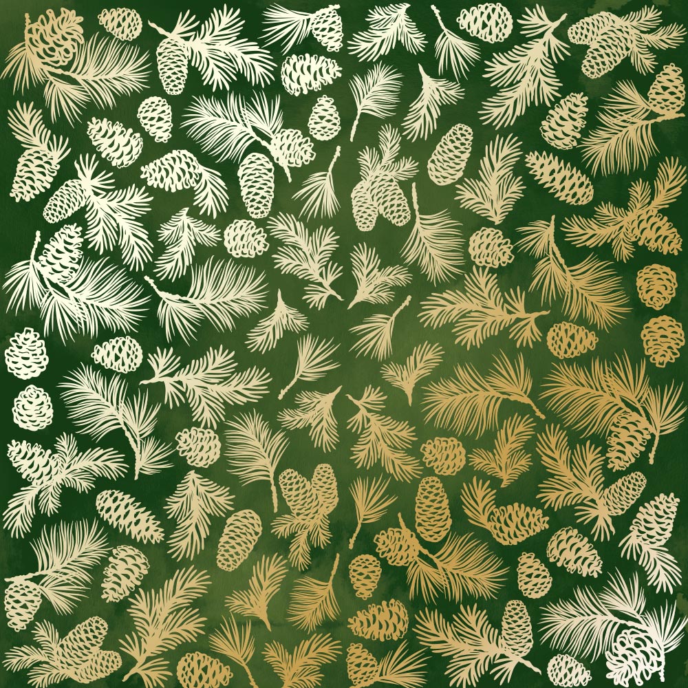 Лист односторонней бумаги с фольгированием Golden Pine cones Green aquarelle 30,5х30,5 см, Фабрика Декора