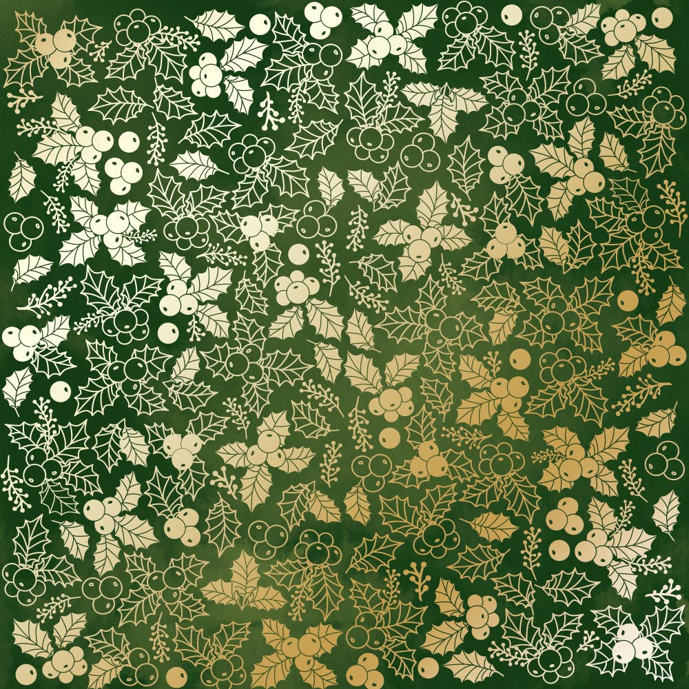 Лист односторонней бумаги с фольгированием Golden Winterberries Green aquarelle 30,5х30,5 см, Фабрика Декора