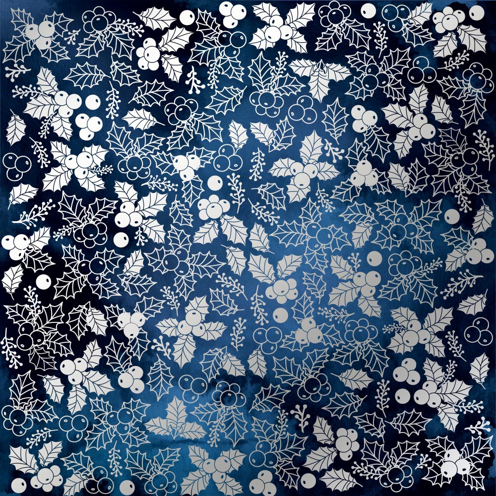 Лист односторонней бумаги с фольгированием Silver Winterberries Dark blue 30,5х30,5 см, Фабрика Декора