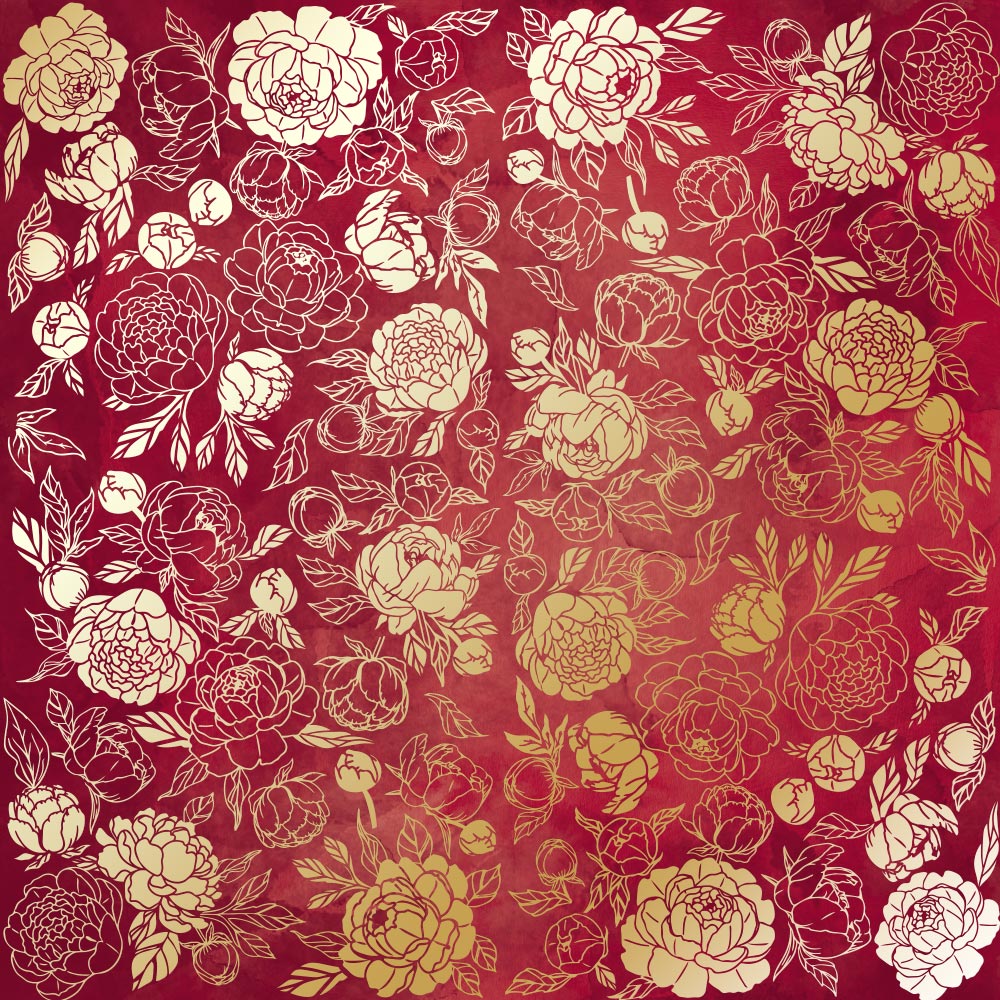 Лист одностороннього паперу з фольгуванням Golden Peony Passion Burgundy aquarelle 30,5х30,5 см, Фабрика Декору