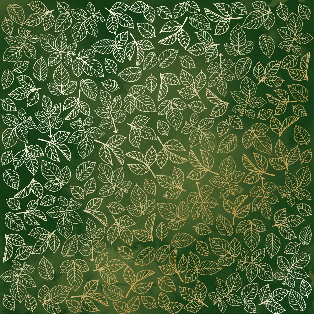 Лист односторонней бумаги с фольгированием Golden Rose Leaves, Green Aquarelle 30,5х30,5 см, Фабрика Декора