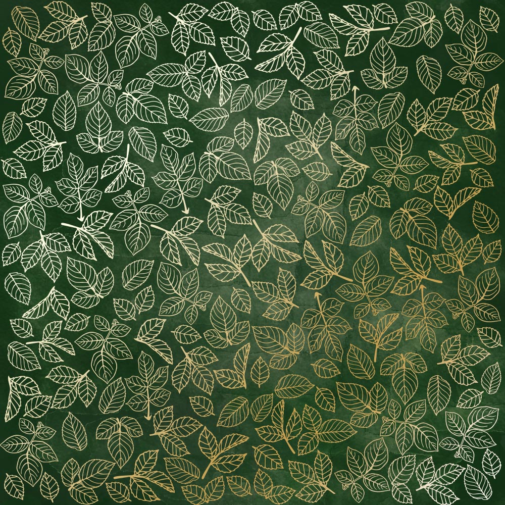 Лист односторонней бумаги с фольгированием Golden Rose Leaves, color Dark green aquarelle 30,5х30,5 см, Фабрика Декора