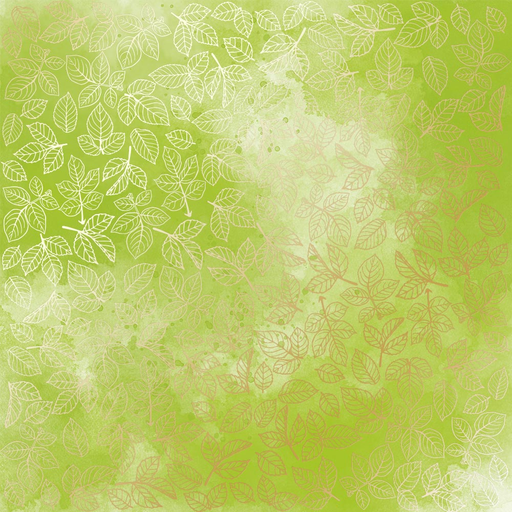 Лист односторонней бумаги с фольгированием Golden Rose Leaves, Light Green Watercolour 30,5х30,5 см, Фабрика Декора