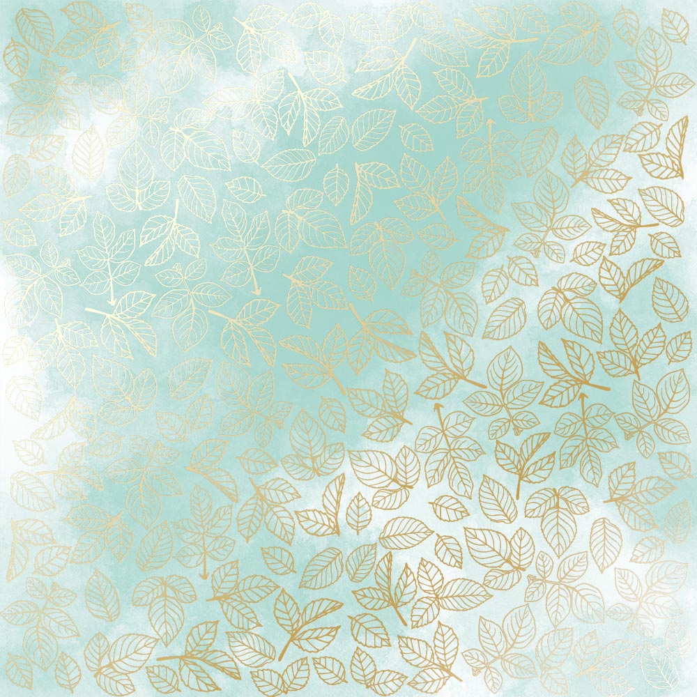 Лист односторонней бумаги с фольгированием Golden Rose Leaves, Mint Watercolour 30,5х30,5 см, Фабрика Декора