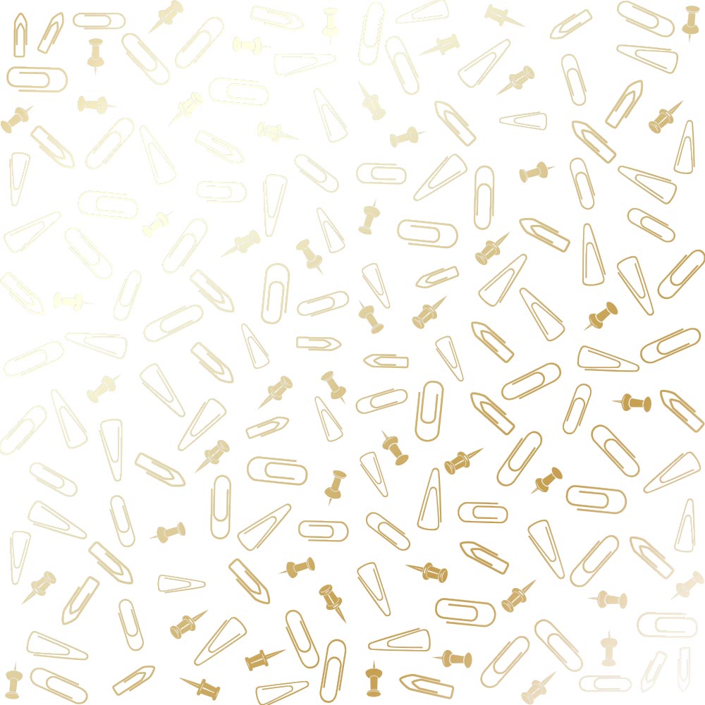 Лист одностороннього паперу з фольгуванням Golden Drawing pins and paperclips, color White 30,5х30,5 см, Фабрика Декору