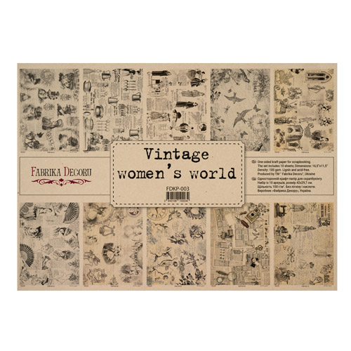 Набір одностороннього крафт-паперу для скрапбукінгу Vintage women's world 42x29,7 см, 10 аркушів, Фабрика декору
