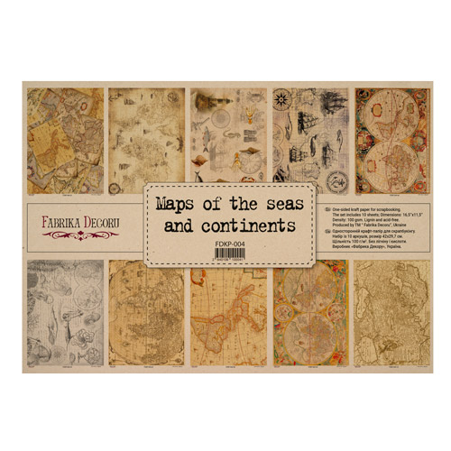 Набір одностороннього крафт-паперу для скрапбукінгу Maps of the seas and continents 42x29,7 см, 10 аркушів, Фабрика декору