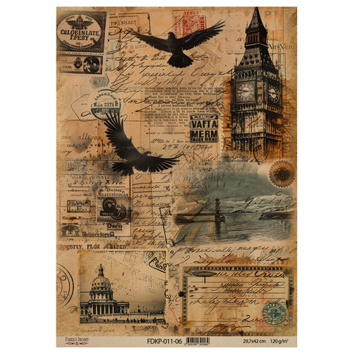 Лист крафт бумаги с рисунком Vintage Europe 06, 42x29,7 см, Фабрика Декора