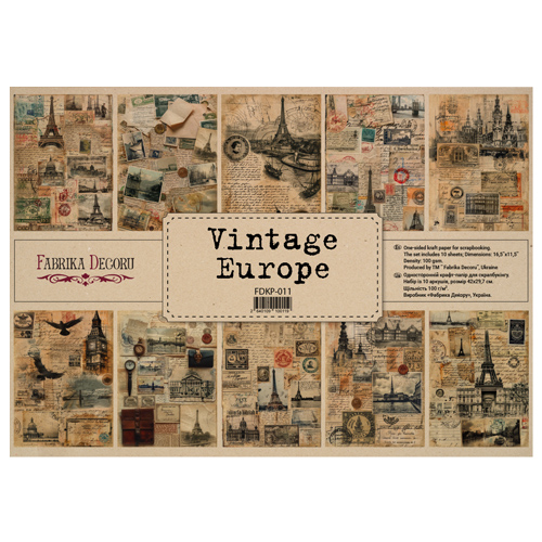 Набор крафт бумаги с рисунком Vintage Europe 10 листов, 42x29,7 см, Фабрика Декора