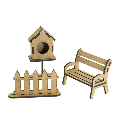 Фигурки 3d для украшения кукольных домиков и шедоубоксов забор, лавочка, скворечник, набор #61, Фабрика Декора