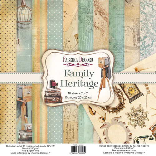 Набір Скрапбумага, Family Heritage, 20x20 см, 10 аркушів, Фабрика Декору