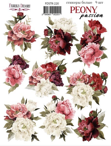 Набір наклейок, стікерів, 10 шт, Peony passion, # 220, Фабрика Декору