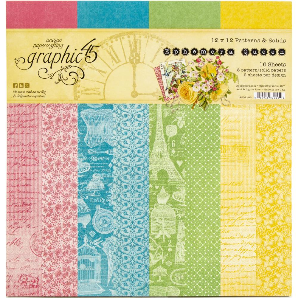Набір фонового паперу для скрапбукінгу Ephemera Queen, 8 аркушів, 30х30 см, Graphic 45