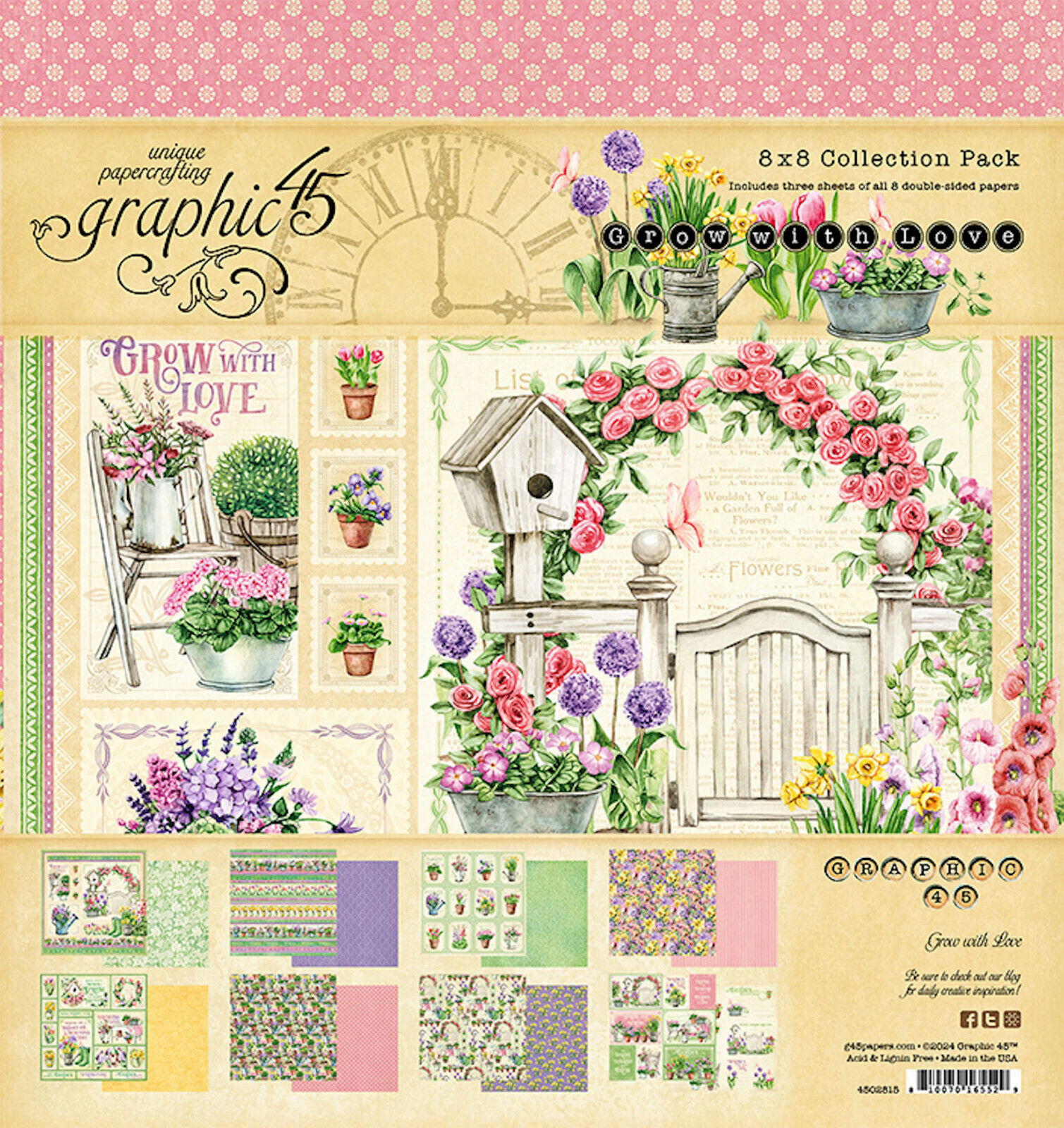 Набір паперу Grow wih Love, 8 аркушів, 20х20 см Graphic 45