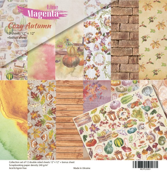 Набір скраппаперу, Cozy Autumn, 12 двосторонніх аркушів + бонус, 30,5х30,5 см, Magenta Line