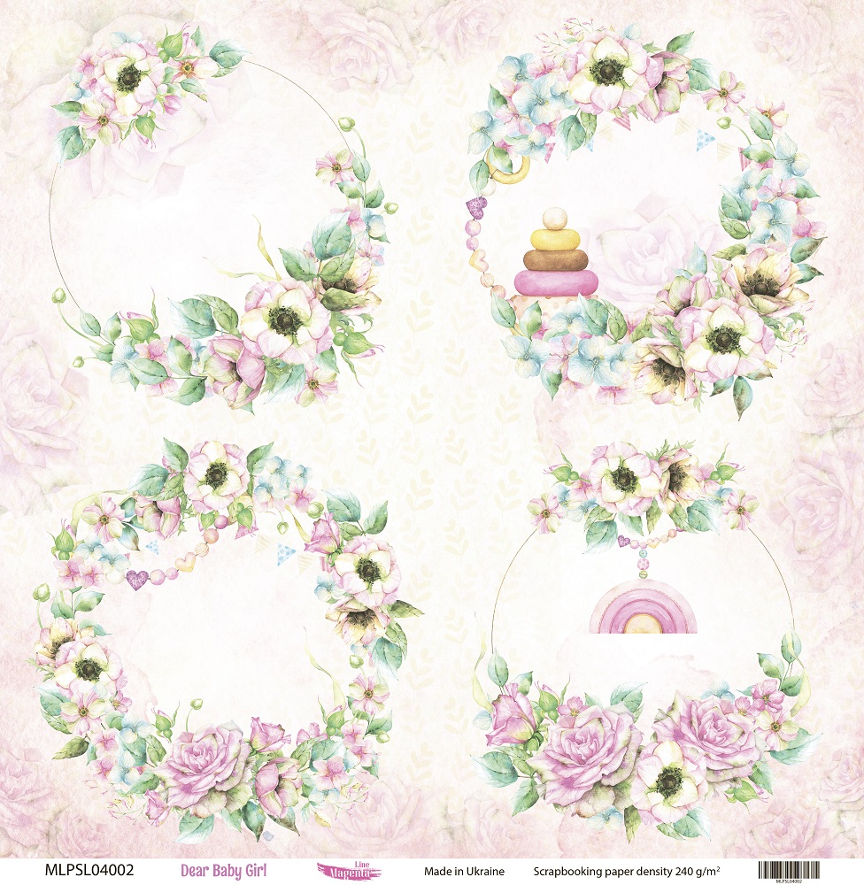 Двусторонняя скрапбумага, Dear Baby Girl 02, 240 г/м2, 30,5х30,5 см, Magenta Line