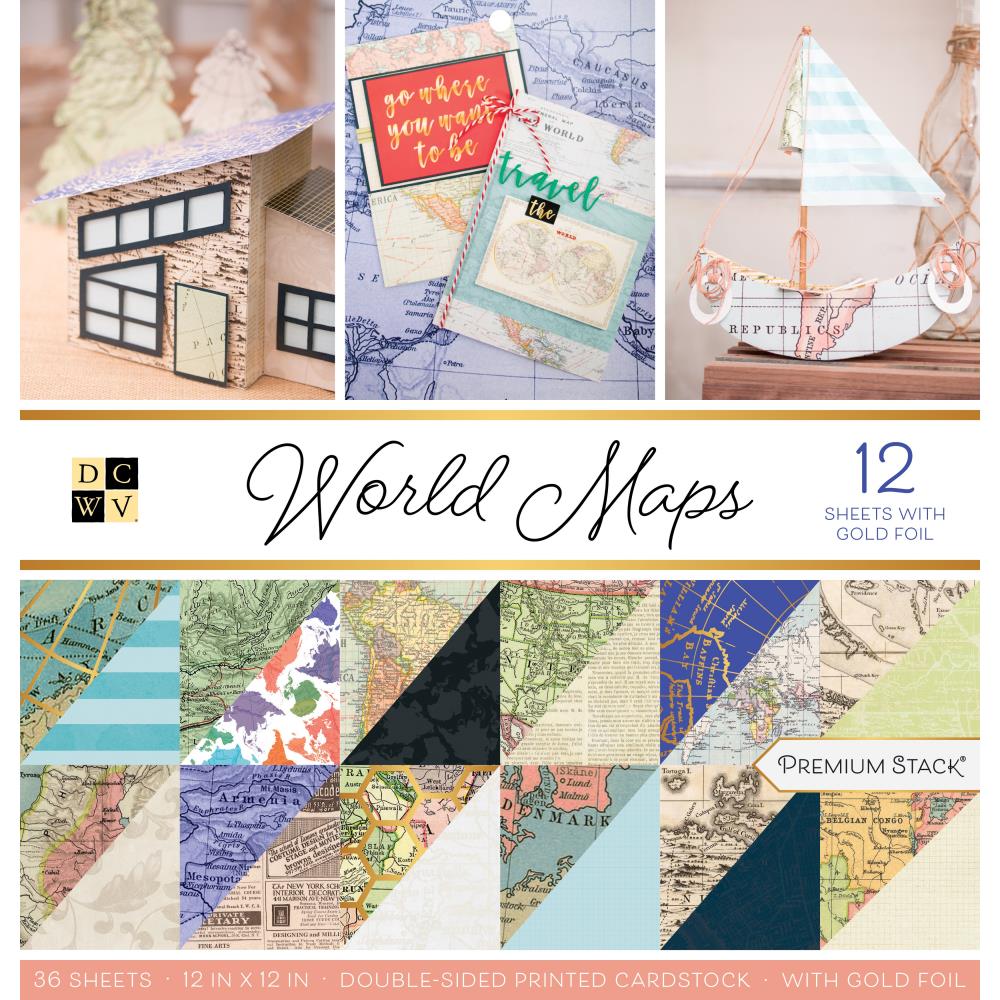 Набір скраппаперу 30х30смWorld Maps з фольгуванням 18 арк. DCWV