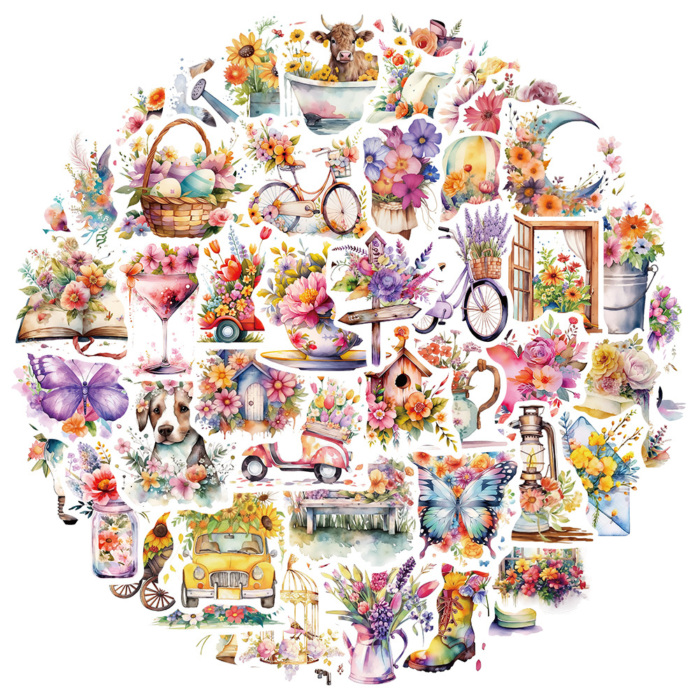 Набор наклеек Весенние краски, водостойкая пленка, 4-8 см, 50 штук