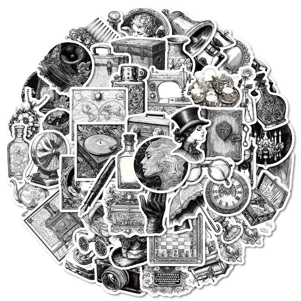 Набор наклеек, бумага, Черно-белый винтаж, размер 4-6 см, 50 шт