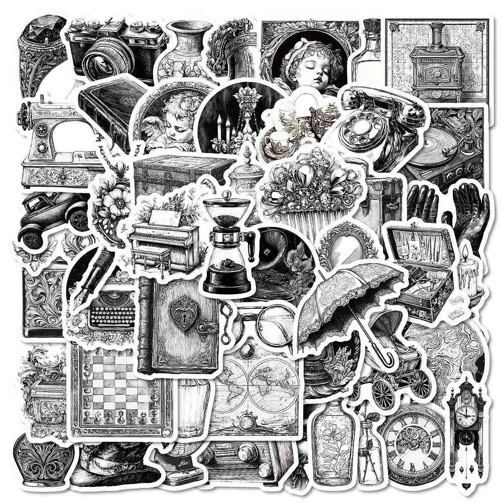 Набор наклеек, бумага, Черно-белый винтаж, размер 4-6 см, 50 шт