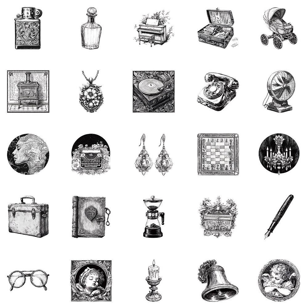 Набор наклеек, бумага, Черно-белый винтаж, размер 4-6 см, 50 шт