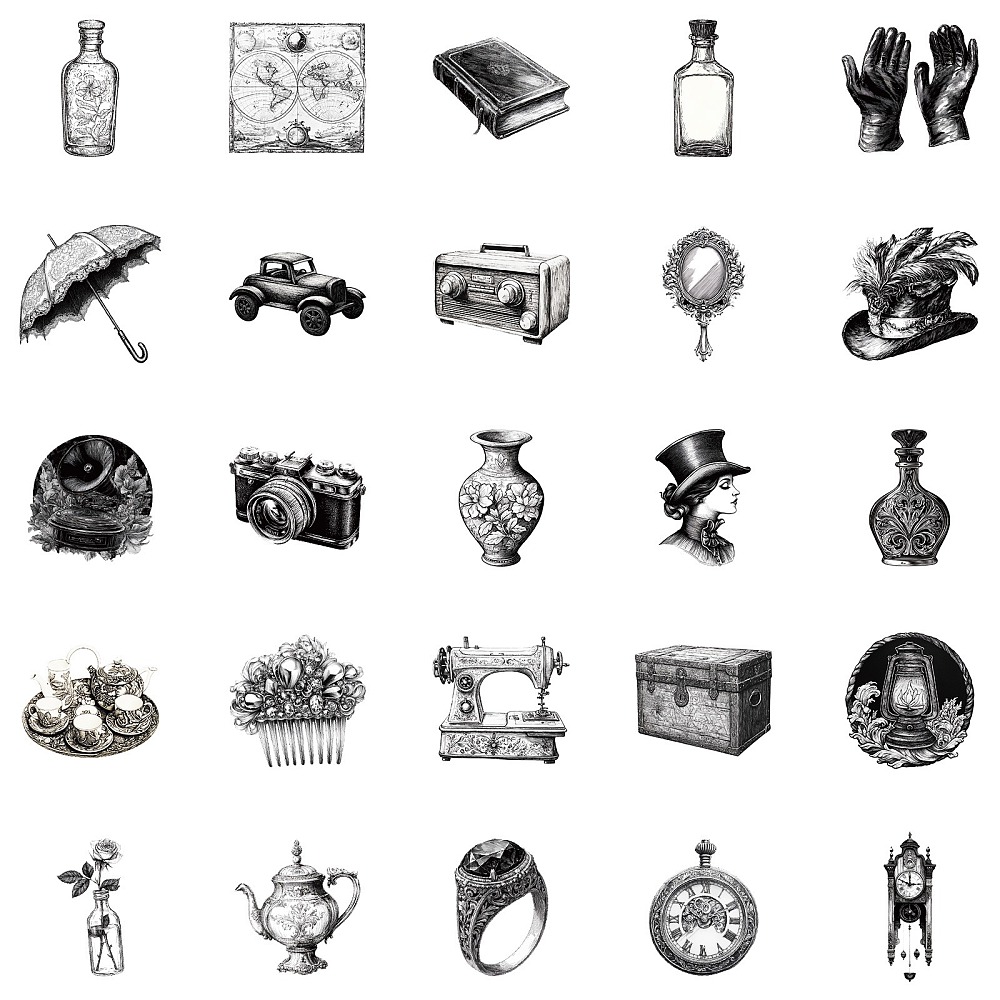 Набор наклеек, бумага, Черно-белый винтаж, размер 4-6 см, 50 шт