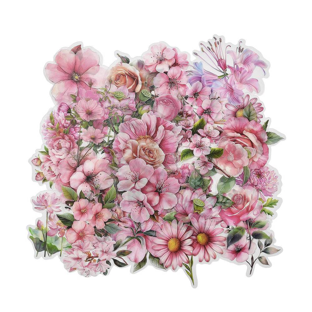 Набір наклейок Квіти в рожевих тонах, водостійка плівка, 4-6 см, 50 штук