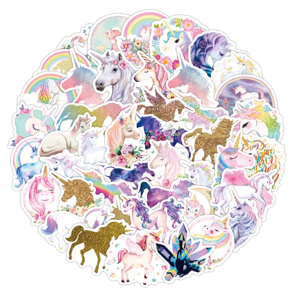 Набір наклейок, плівка, Однороги, водостійки, розмір 3-8 см, 50 шт
