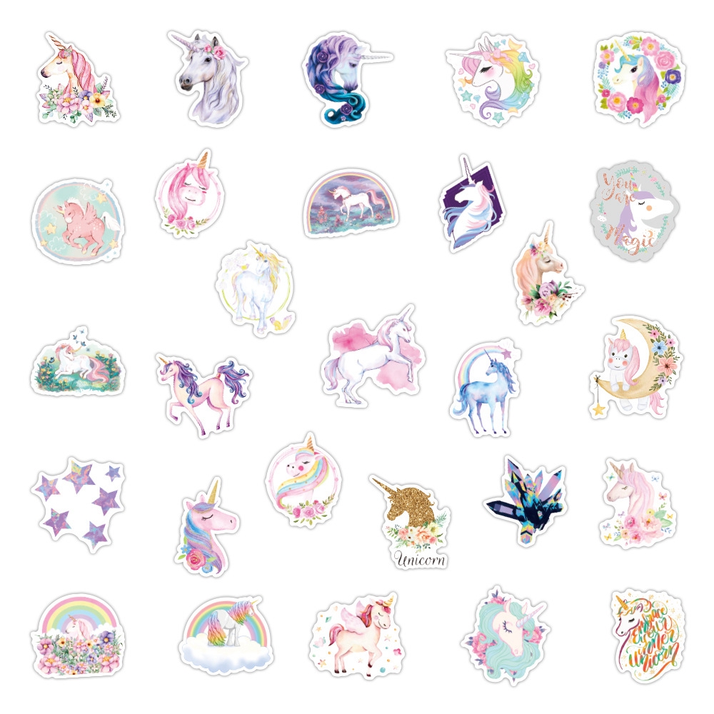 Набір наклейок, плівка, Однороги, водостійки, розмір 3-8 см, 50 шт