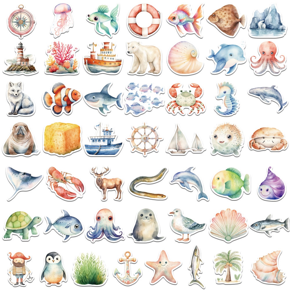 Набор наклеек, пленка, Морской мир, водостойкие, размер 4-7 см, 50 шт