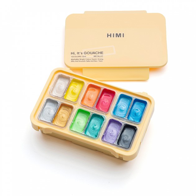 Набір гуашевих фарб Twin Cup 12*12мл, Металік, жовтий пластик.пенал, HIMI