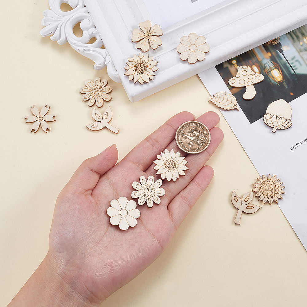 Набір дерев'яних прикрас Квіти та листочки, 2-3 см, 10 штук