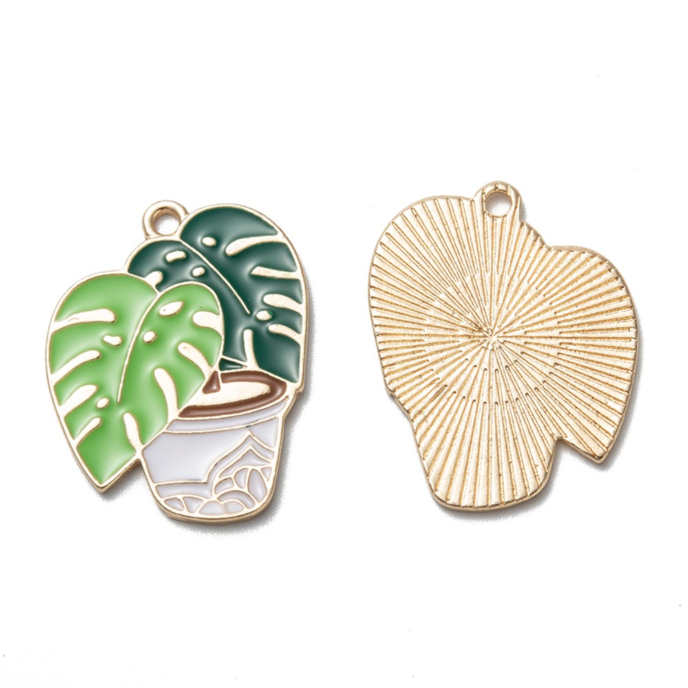 Підвіска з емаллю Кімнатна рослина, світле золото, 30х23 мм, 1 шт.